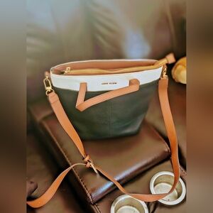 Anne Klein Black & Cream Pebble Leather Crossbody Bag with Tan Straps